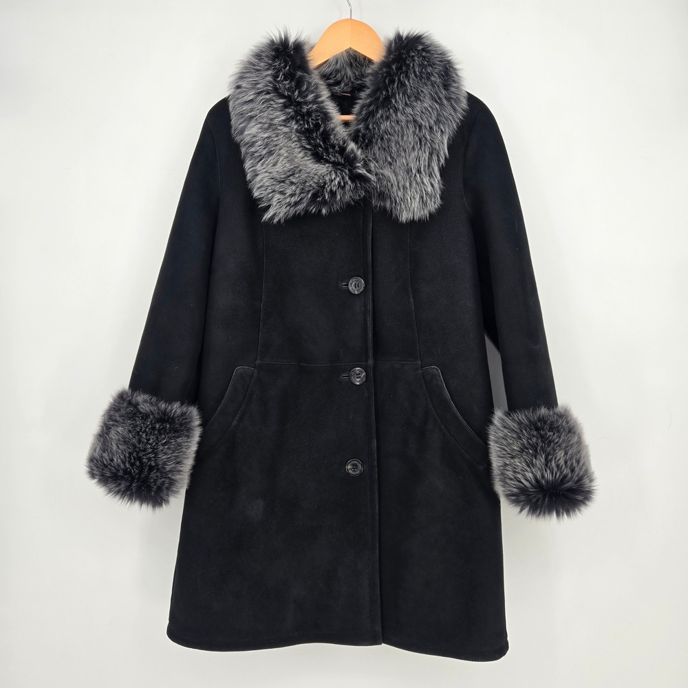 Overland Real Sheepskin Shearling Leather Coat With Removable Hood Womens M